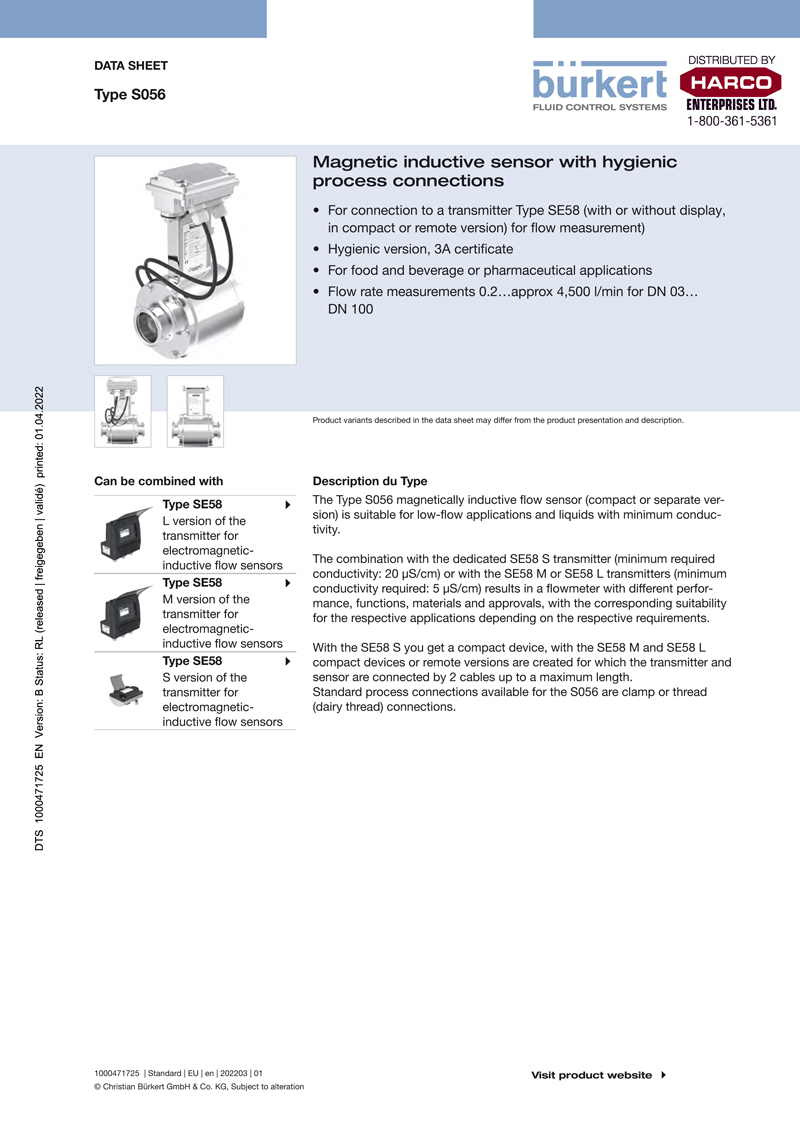 Type S056 Magnetic inductive sensor with hygienic ­process connections